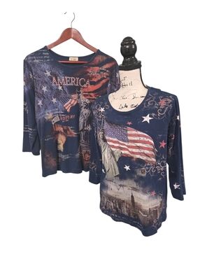 Cactus American Lot Of 2 Womens XL USA Patriotic Flag July 4 Tops Cotton